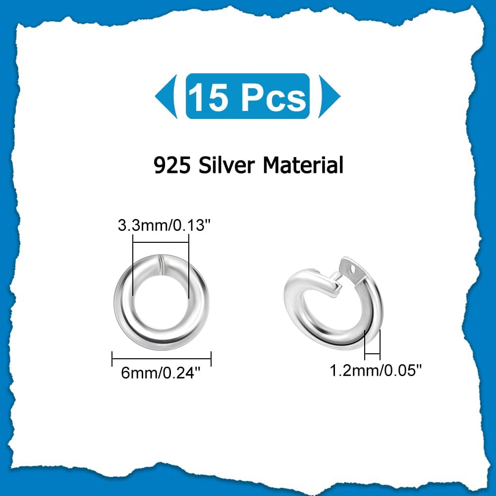 15pcs 925 Sterling Silver Locking Jump Rings, Round Locking Jump Rings, OD 6mm, Inner Diameter 3.3mm, Round Clasp Connector Open Jump Rings for Necklace Bracelet Keychain Jewelry Making
