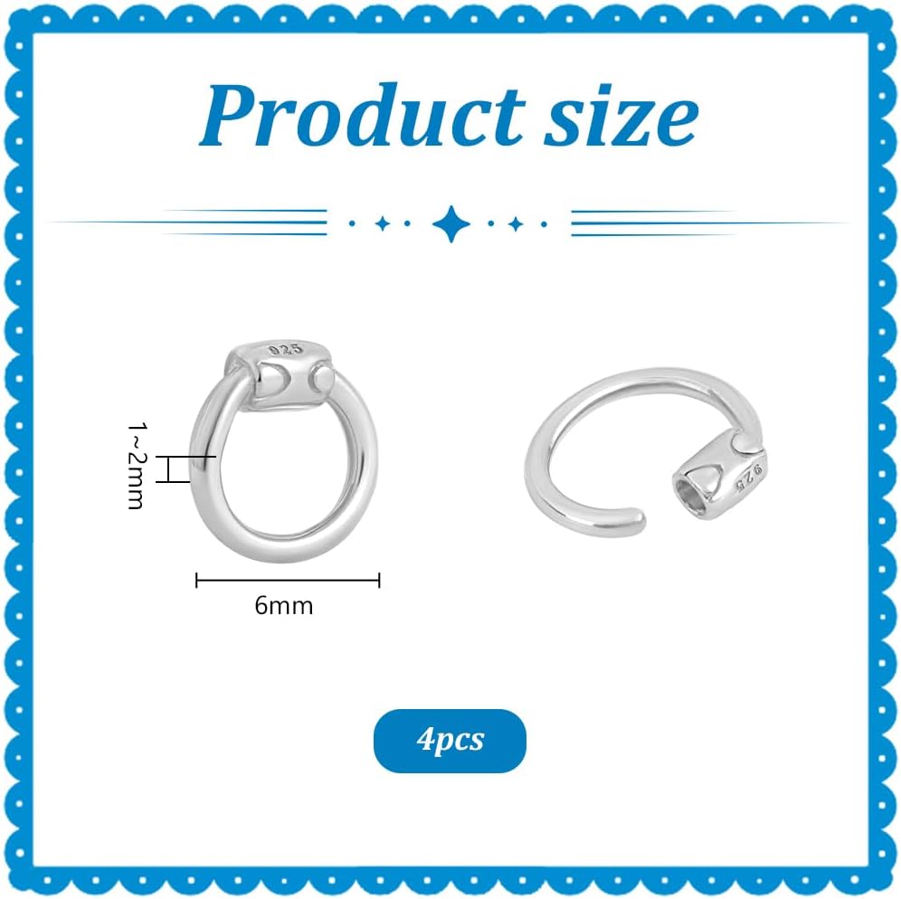 4pcs Sterling Silver Lock Jump Rings, 6mm Platinum Connector Rings 18 Gauge Round O-Ring Crimp Chain Mail Rings for DIY Bracelet Necklace Pendant Chain Choker Making