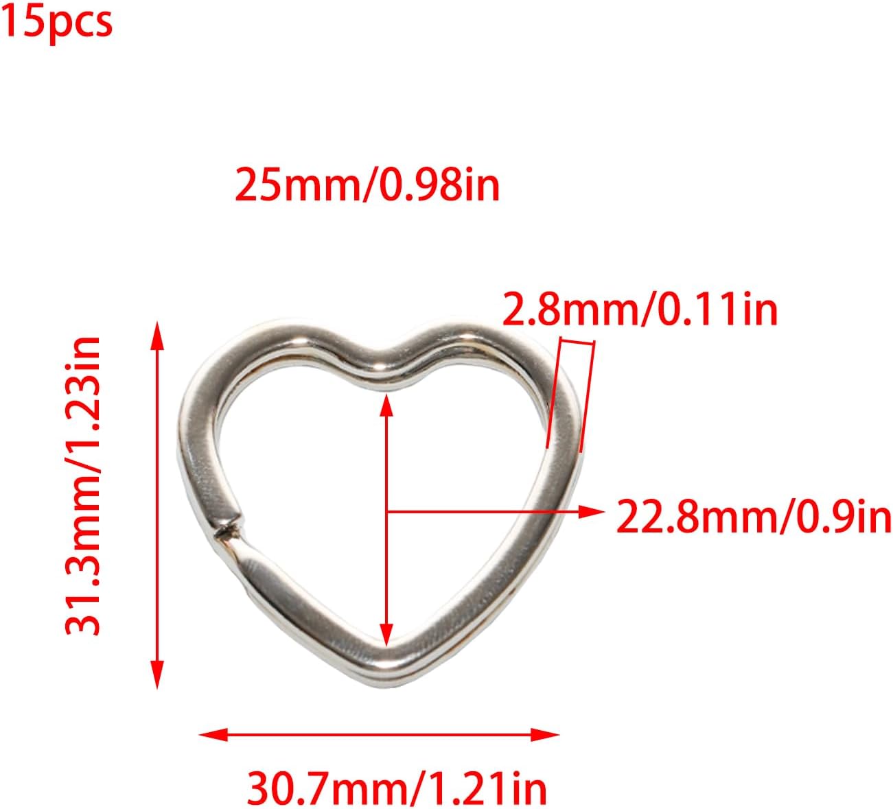 15 Pieces Silver Metal Key Rings, Creative Flat Split Key Rings for DIY Crafts and Keychains (Heart Shape)