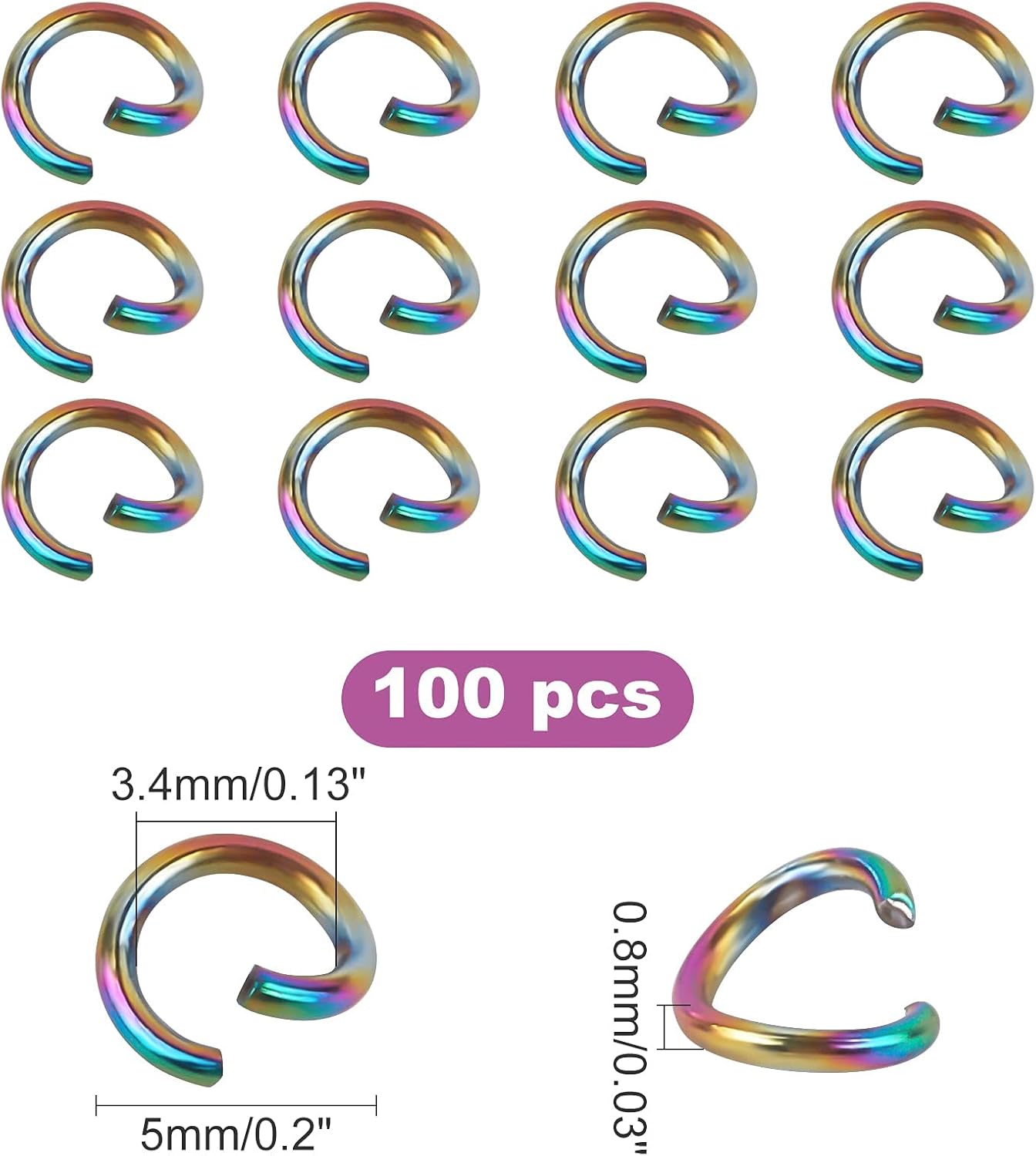 100pcs Stainless Steel Jump Rings Vacuum Plated Jump Rings Rainbow Color Finger Jump Rings for Bracelet Earrings Necklace Jewelry Making, 5x0.8mm