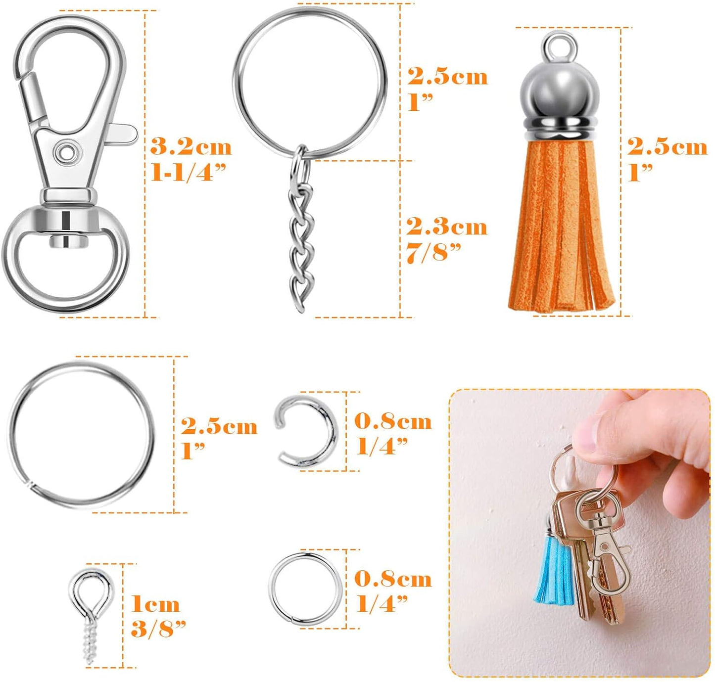270pcs keychain tassel and ring kit with extender chain, jump ring and eye pin for crafts