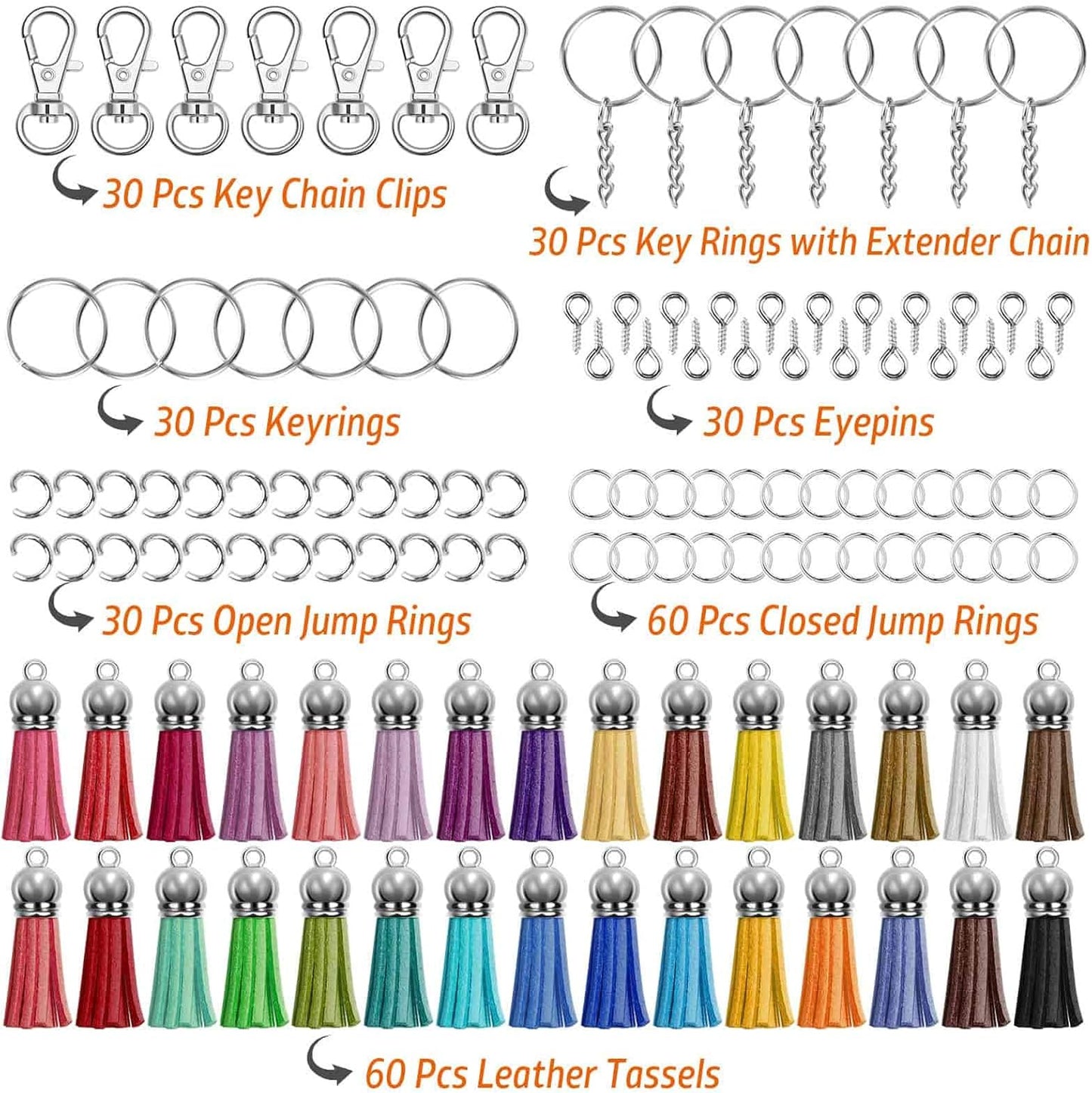 270pcs keychain tassel and ring kit with extender chain, jump ring and eye pin for crafts