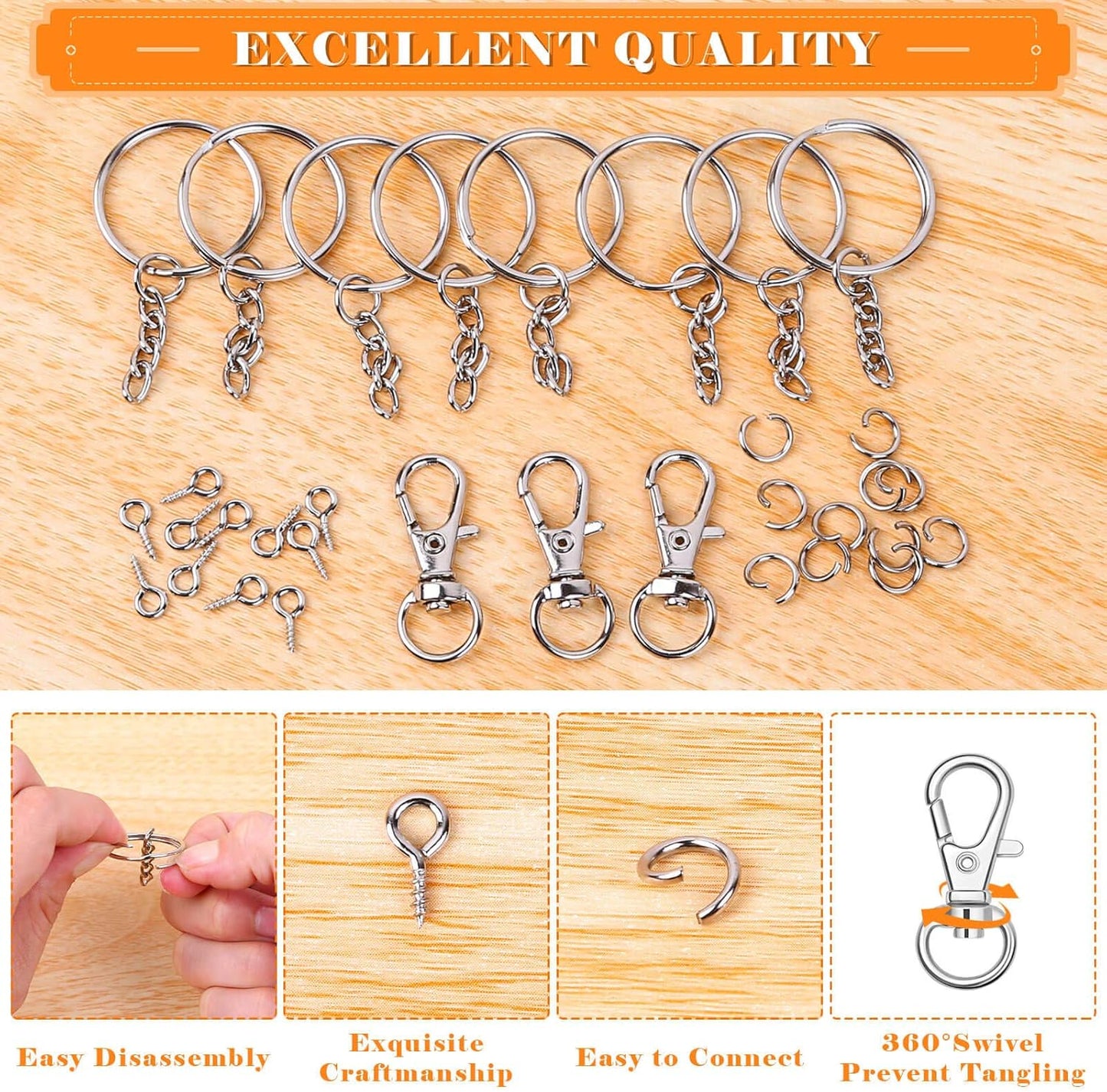 270pcs keychain tassel and ring kit with extender chain, jump ring and eye pin for crafts