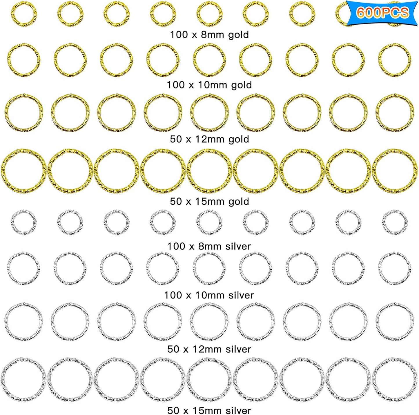 600 Pieces Twisted Gold Connector Open Jump Rings, 8/10/12/15mm O-Ring Connector Jewelry Accessories Round Frames for Making DIY Earrings Bracelet Necklace Keychain Pendant Crafts (Gold/Silver)