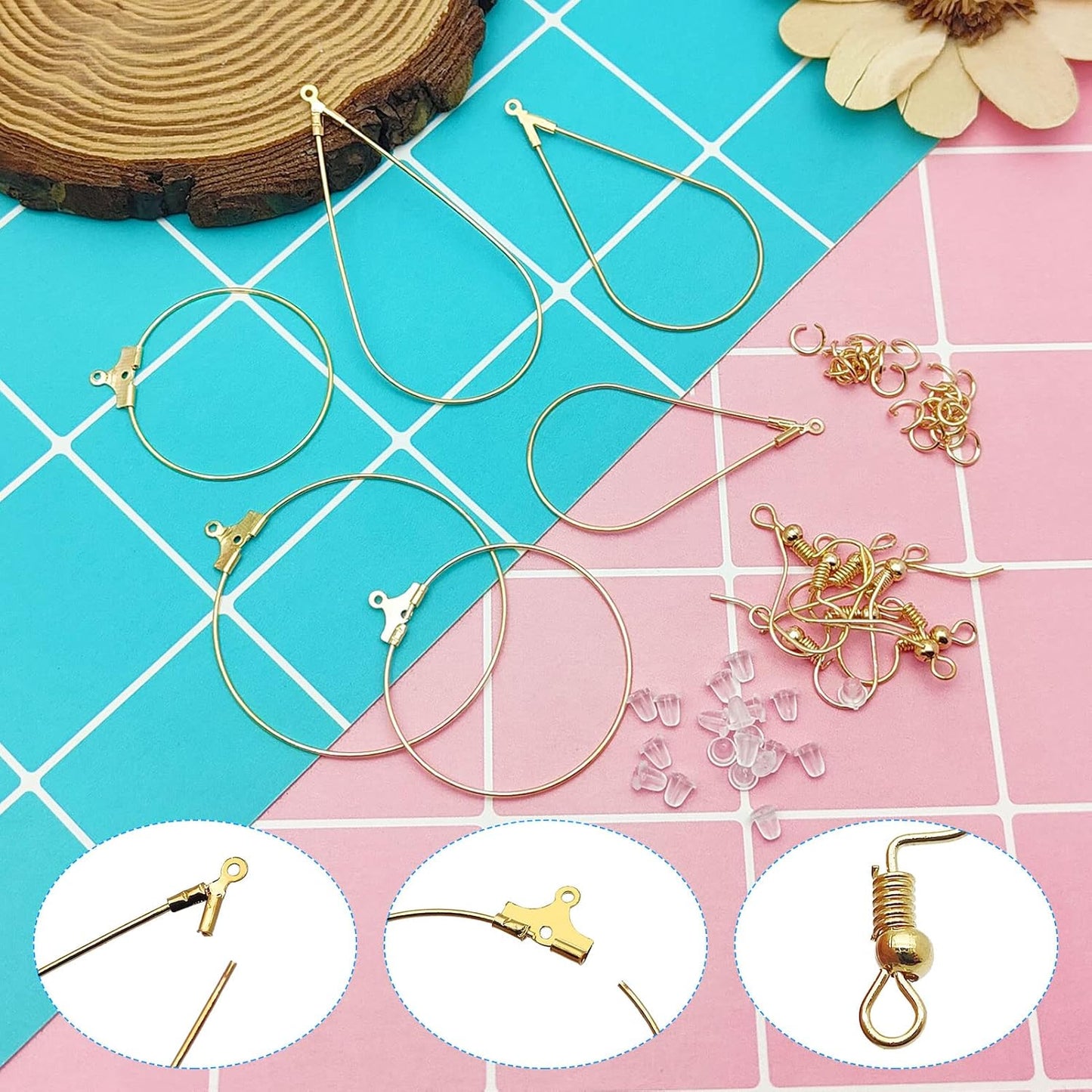 286 Pieces Earring Beaded Hoop Set for Jewelry Making, 36 Beaded Hoop Earrings Looking for Teardrop Round Earring Hoops with 50 Hooks, 100 Jump Rings, 100 Earring Backs for Earring Making Supplies (K Gold)
