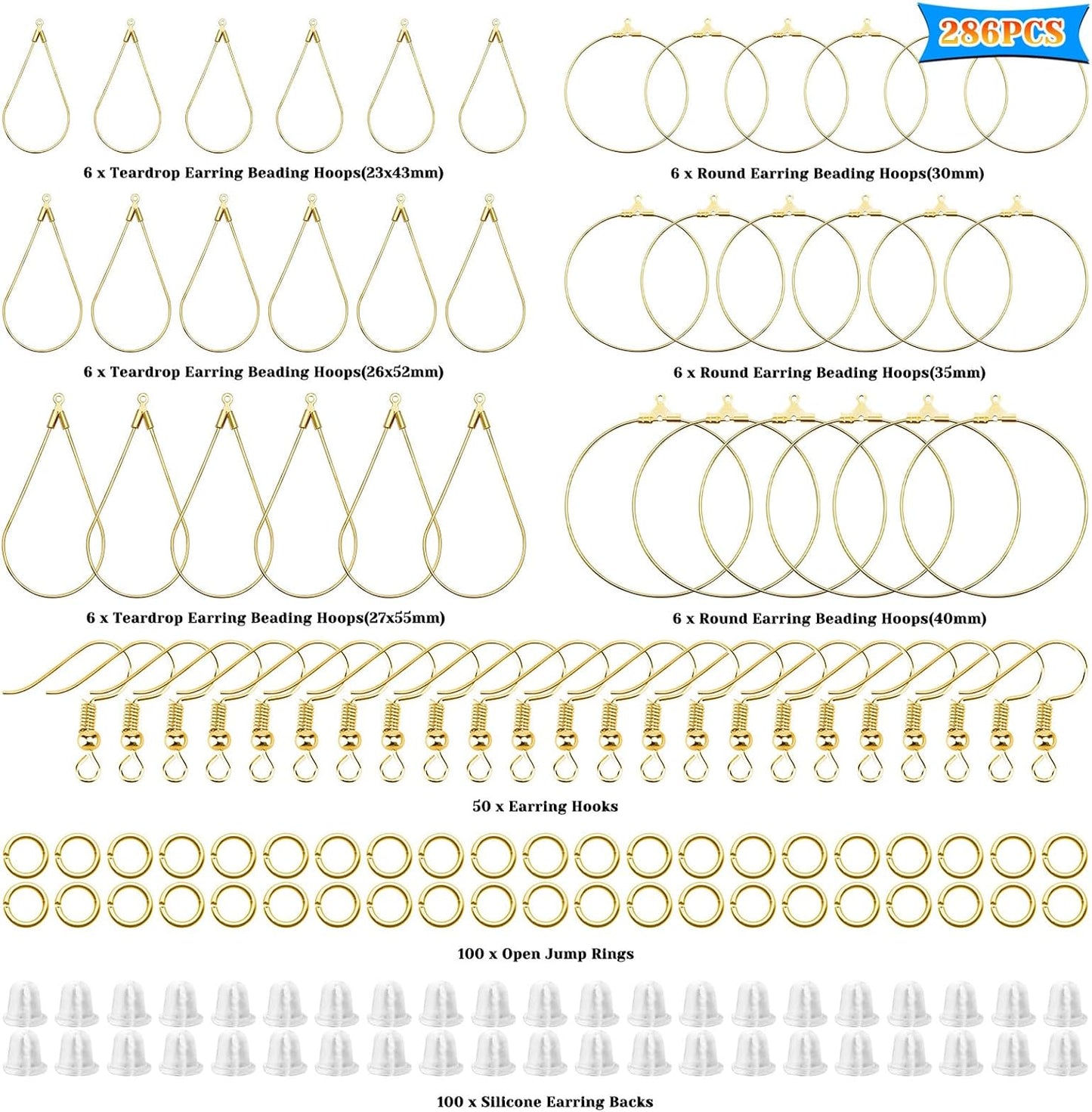 286 Pieces Earring Beaded Hoop Set for Jewelry Making, 36 Beaded Hoop Earrings Looking for Teardrop Round Earring Hoops with 50 Hooks, 100 Jump Rings, 100 Earring Backs for Earring Making Supplies (K Gold)