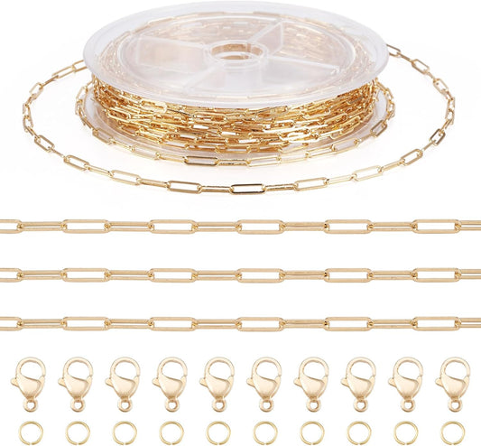 16.4ft Real 16K Gold Plated Paper Clip Chain Soldered Flat Oval Link with Jump Ring Lobster Claw Clasp for Bracelet Necklace Jewelry Making, 10x2.7x0.7mm
