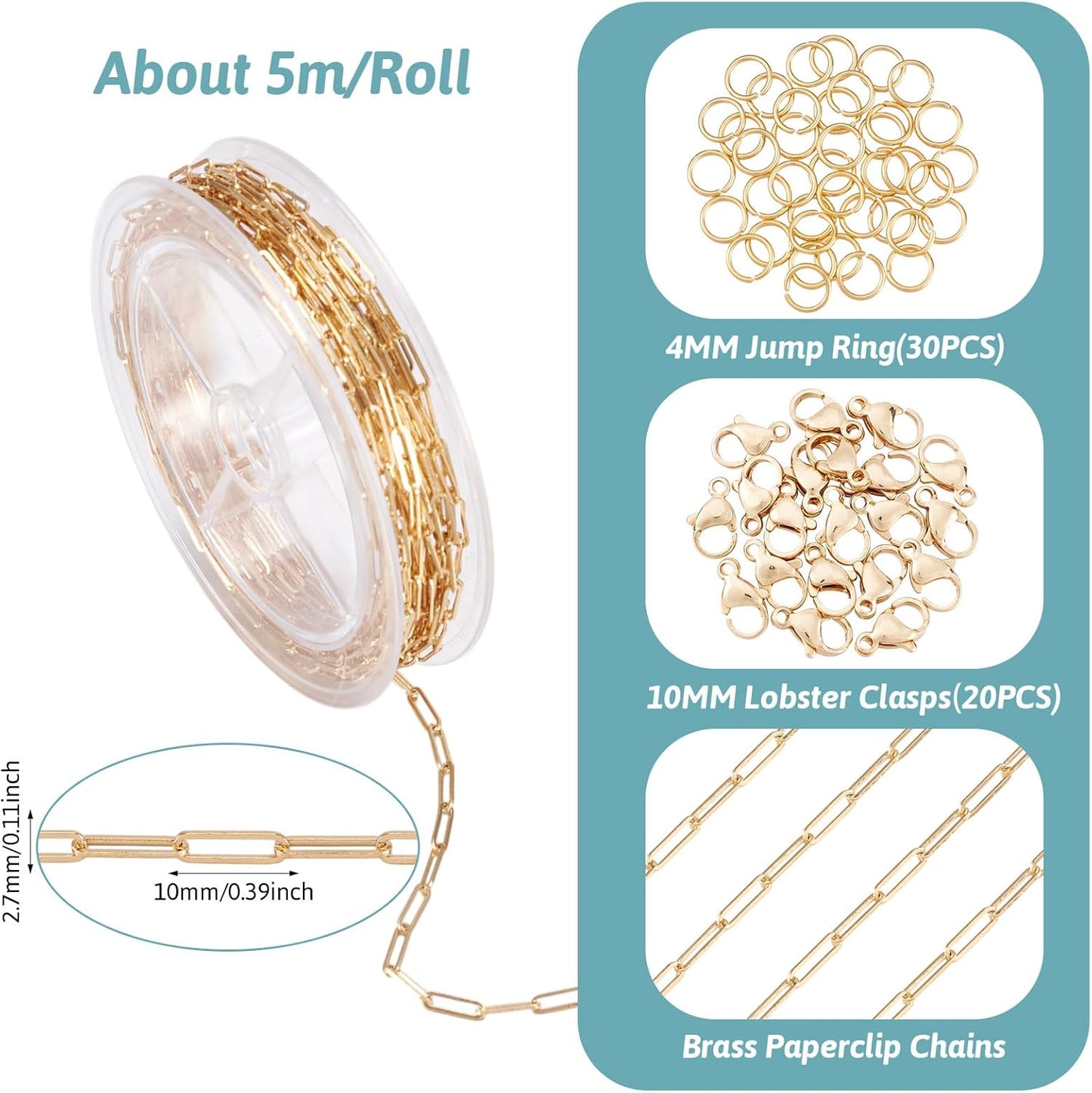 16.4ft Real 16K Gold Plated Paper Clip Chain Soldered Flat Oval Link with Jump Ring Lobster Claw Clasp for Bracelet Necklace Jewelry Making, 10x2.7x0.7mm