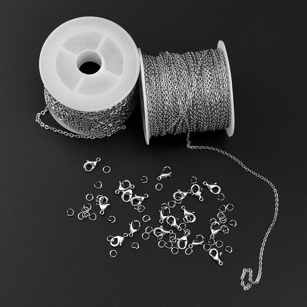 36ft Silver Stainless Steel Chain with 20 Lobster Clasps and 30 Jump Rings for Men and Women Jewelry Chain DIY Making, 2.0mm