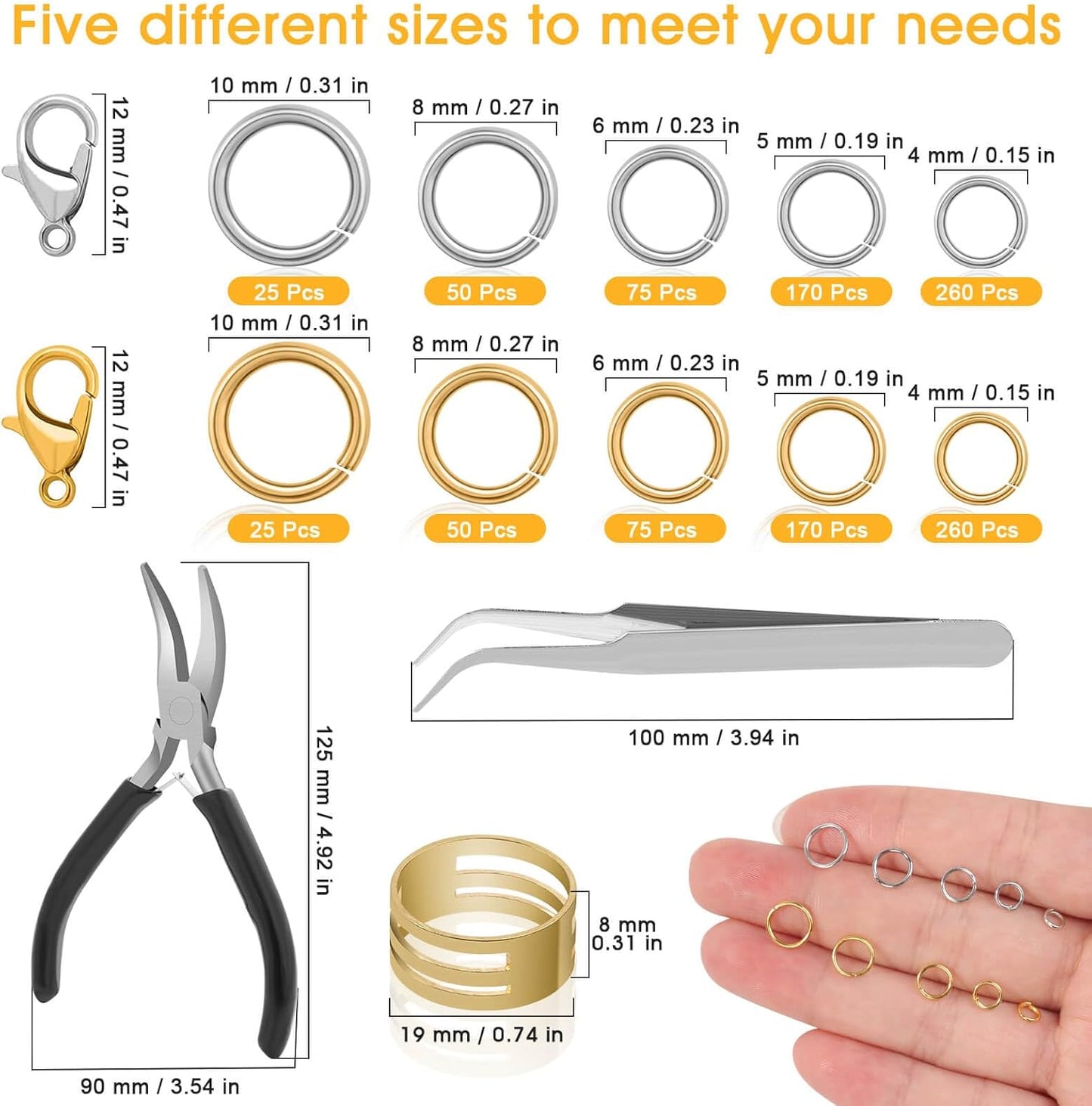 Jump rings for jewelry making supplies and necklace repairs with jump ring pliers and open jump rings (1200 pieces silver and gold)