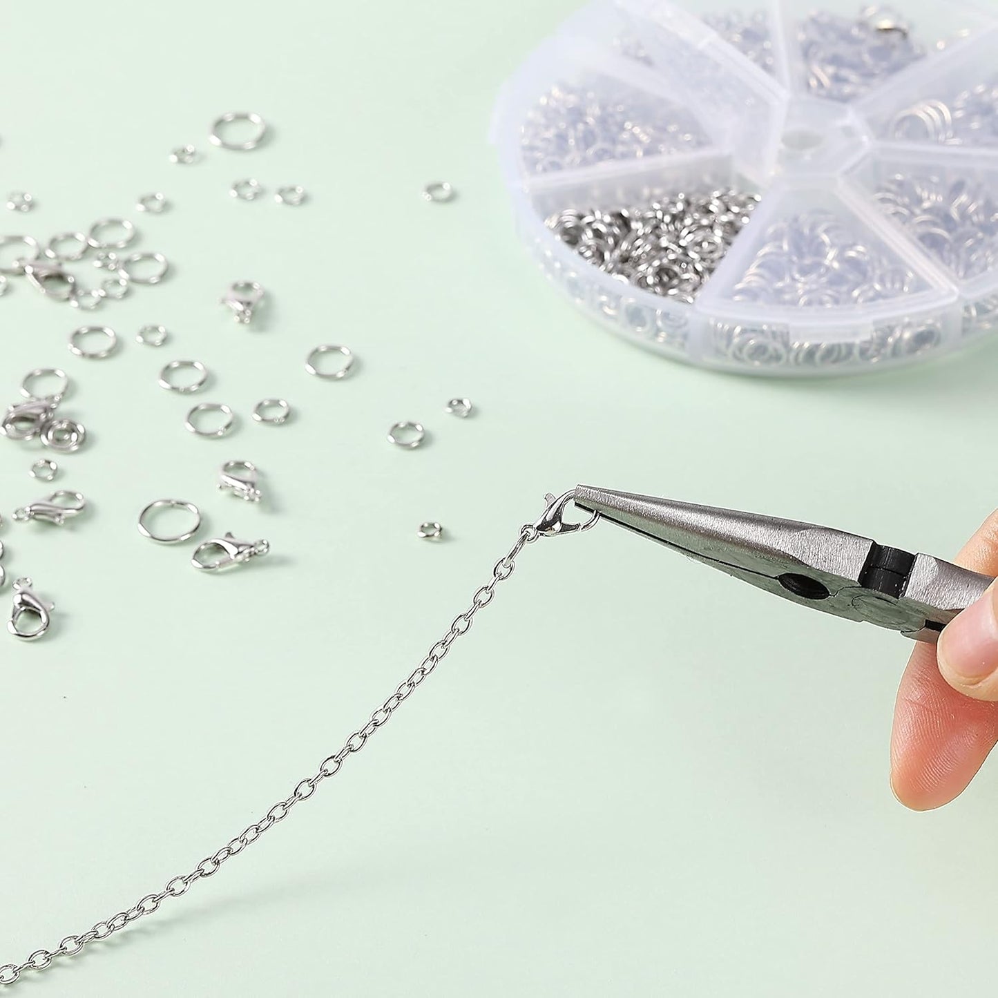Open jump rings, silver, 1014 pieces, 6 sizes of open jump rings for jewelry making, silver jump rings and lobster clasp