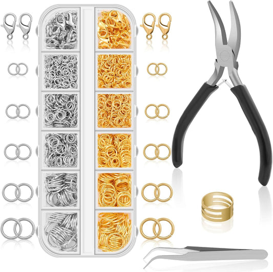 Jump rings for jewelry making supplies and necklace repairs with jump ring pliers and open jump rings (1200 pieces silver and gold)