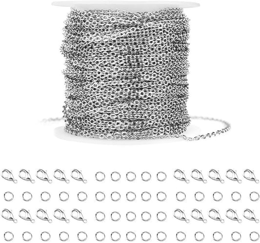 36ft Silver Stainless Steel Chain with 20 Lobster Clasps and 30 Jump Rings for Men and Women Jewelry Chain DIY Making, 2.0mm