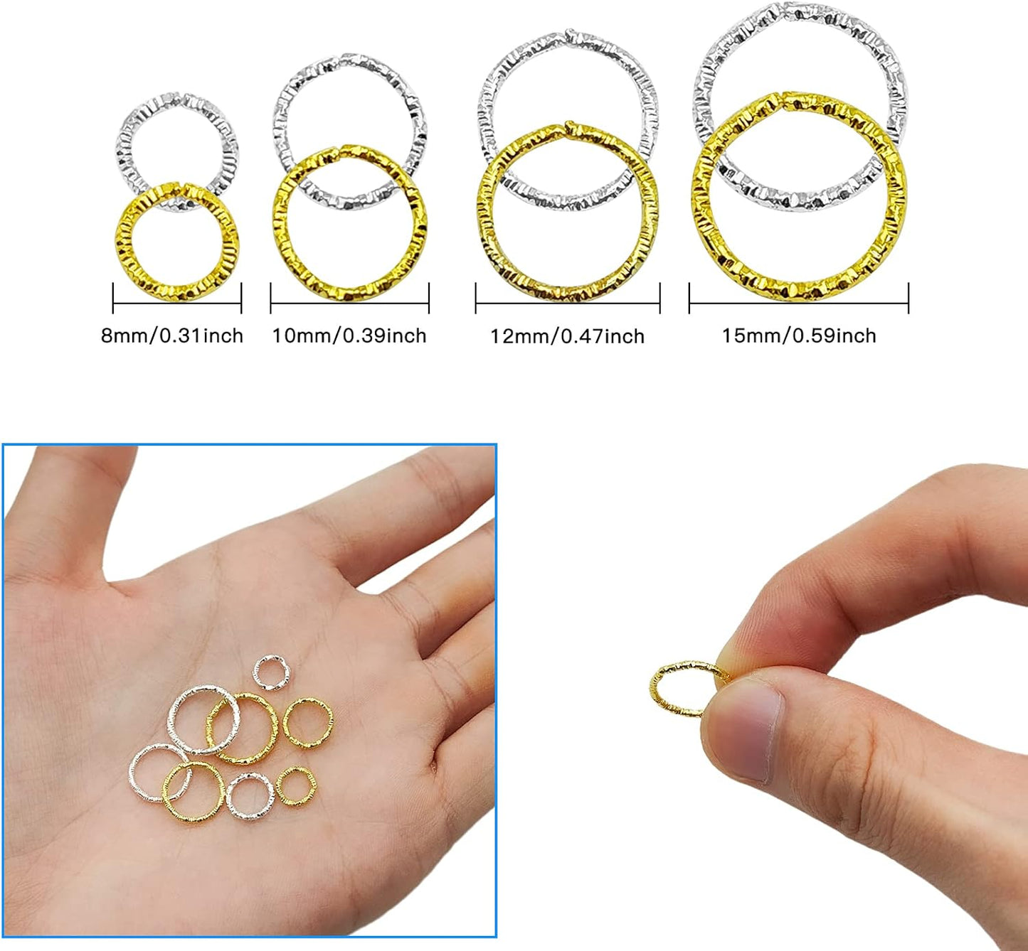600 Pieces Twisted Gold Connector Open Jump Rings, 8/10/12/15mm O-Ring Connector Jewelry Accessories Round Frames for Making DIY Earrings Bracelet Necklace Keychain Pendant Crafts (Gold/Silver)