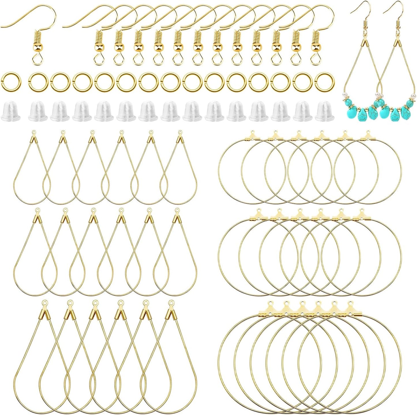 286 Pieces Earring Beaded Hoop Set for Jewelry Making, 36 Beaded Hoop Earrings Looking for Teardrop Round Earring Hoops with 50 Hooks, 100 Jump Rings, 100 Earring Backs for Earring Making Supplies (K Gold)