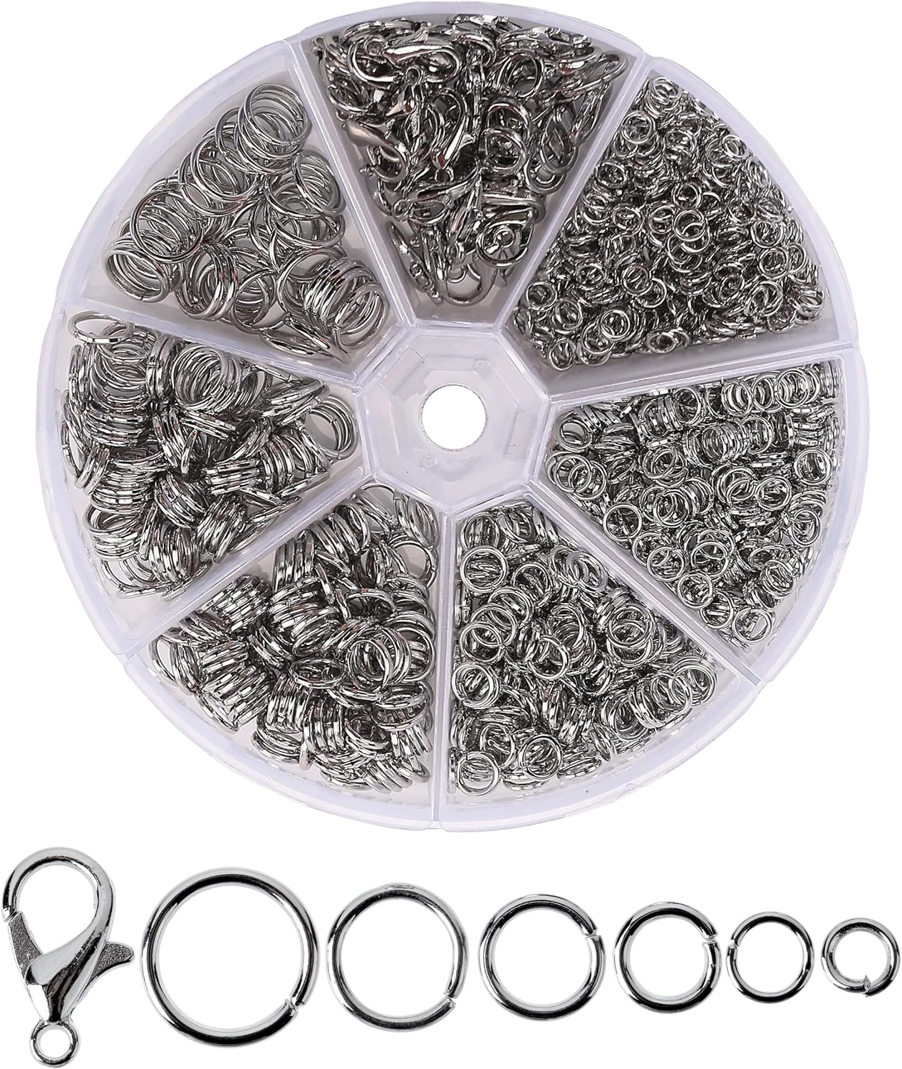 Open jump rings, silver, 1014 pieces, 6 sizes of open jump rings for jewelry making, silver jump rings and lobster clasp