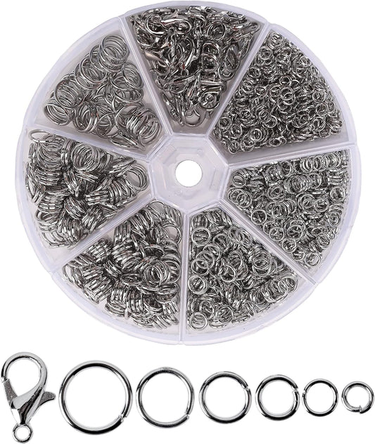 Open jump rings, silver, 1014 pieces, 6 sizes of open jump rings for jewelry making, silver jump rings and lobster clasp